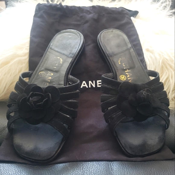 💎CHANEL CAMELLIA FLOWER BLACK LEATHER SANDALS | SIZE EU 36 US 6 - Picture 2 of 12